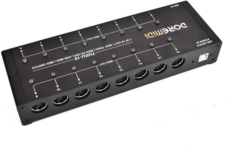 MIDI-Thru Box – MIDI Splitter – MIDI Verdeler – MIDI Router – MIDI Patchbay – 16 Uitgangen – 1 MIDI-Ingang Naar 16 MIDI-Uitgangen – Per Uitgang Instelbare Filtering