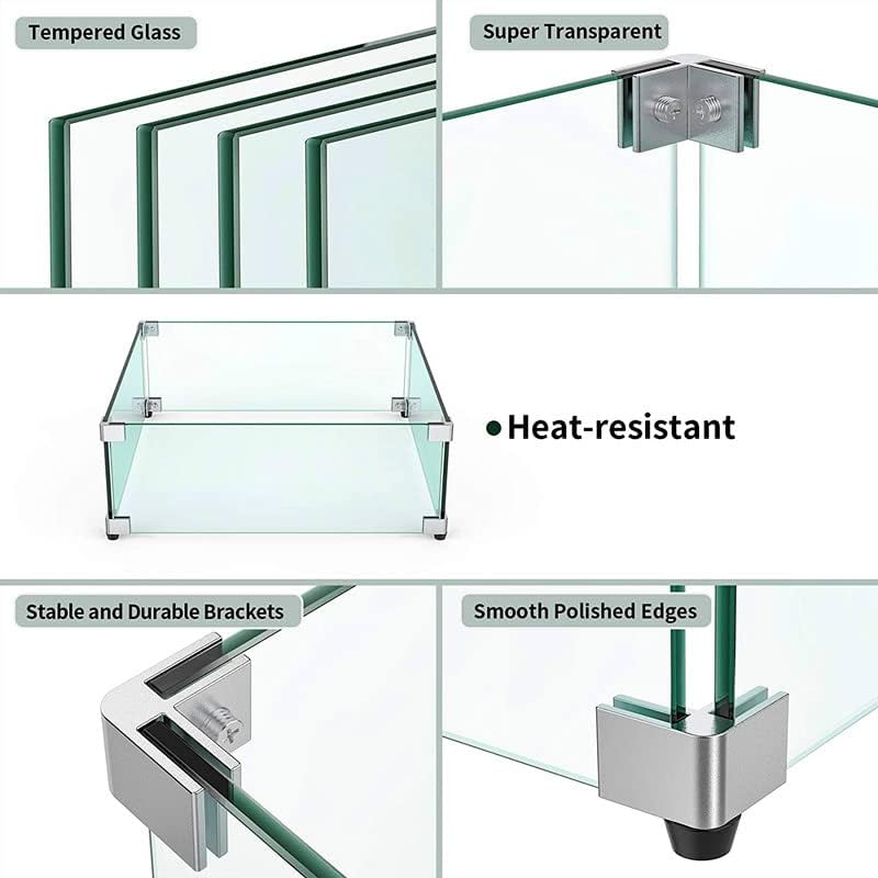 MESIDA 53x53x15 cm Vuurkorf Glas Windscherm, Gehard Glas Vuurplaats Tafelschild, Dik en Stevig, met Stevige Aluminium Hoekbeugel
