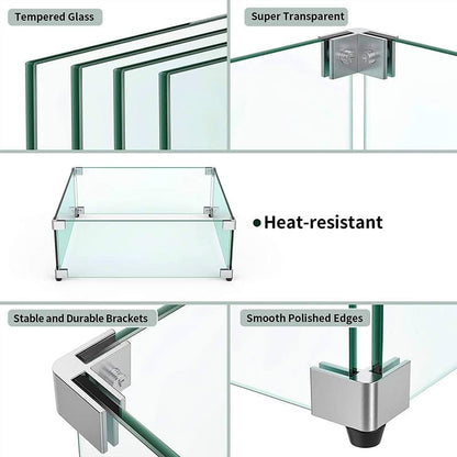 MESIDA 53x53x15 cm Vuurkorf Glas Windscherm, Gehard Glas Vuurplaats Tafelschild, Dik en Stevig, met Stevige Aluminium Hoekbeugel