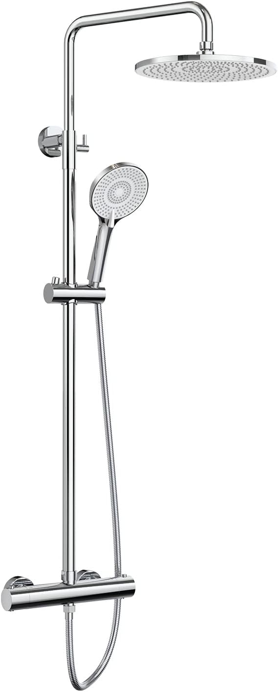 Rainsworth Douchesysteem met thermostaat, chroom, complete set met 25 cm ronde regendouche, douchekop, 3 straalsoorten, douchekop, 92-126 cm in hoogte verstelbaar, regendouche met kraan, doucheset