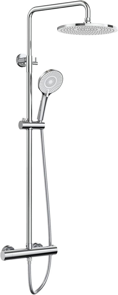 Rainsworth Douchesysteem met thermostaat, chroom, complete set met 25 cm ronde regendouche, douchekop, 3 straalsoorten, douchekop, 92-126 cm in hoogte verstelbaar, regendouche met kraan, doucheset