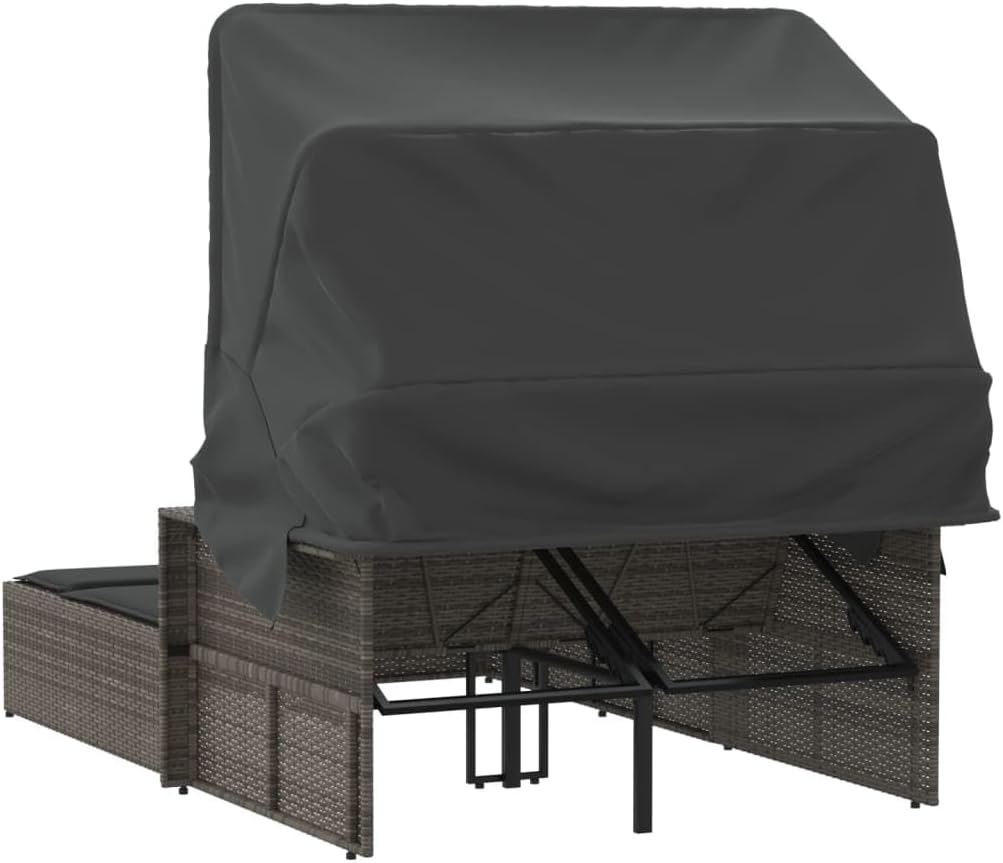 Gecheer Dubbel ligbed met luifel en grijze kussens van polyrotan, professionele zonneligstoel, zonneligstoel voor buiten, tuinligstoel, ligstoel, P365809 - QUORE