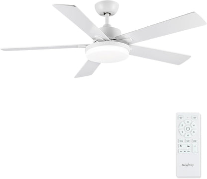 Newday 132cm Witte Plafondventilator met 5 Blades, Rustige Plafondventilator met Licht en Afstandsbediening voor Slaapkamer, Omkeerbare Plafondventilator met Lamp Dimbaar