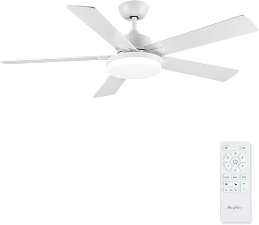 Newday 132cm Witte Plafondventilator met 5 Blades, Rustige Plafondventilator met Licht en Afstandsbediening voor Slaapkamer, Omkeerbare Plafondventilator met Lamp Dimbaar