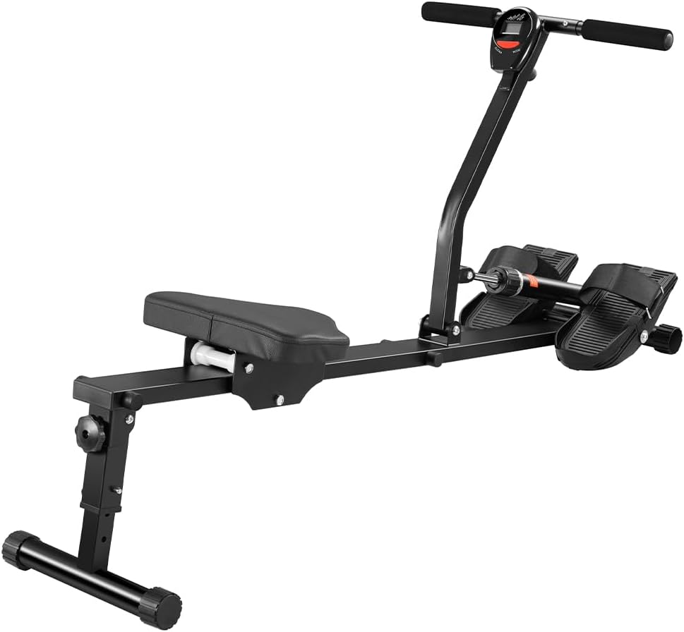 BAKAJI Rowing machine, foldable, space-saving and quiet, training device for indoor use, with LCD display and 12 resistance levels, gym, fitness, cardio (foldable rowing machine - QUORE