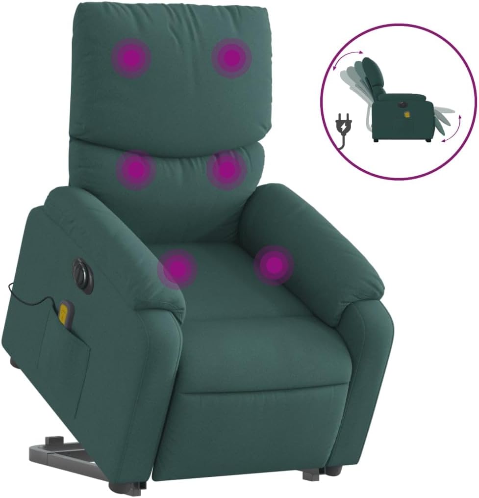 Elektrische Massagestoel – Sta-Op Stoel – Relaxstoel – TV Stoel – Elektrische Relaxstoel – 6-Punts Vibratiemassage – Elektrisch Verstelbare Rugleuning Tot 135° – Donkergroen Stof