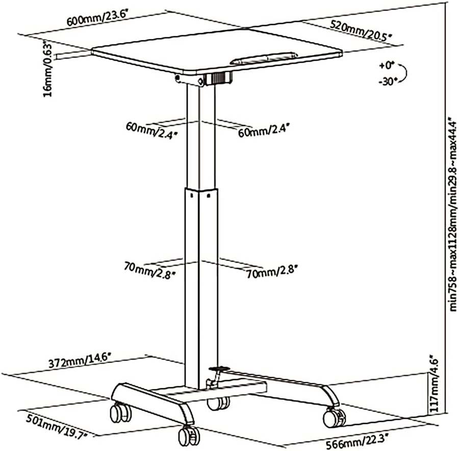 Maclean MC-892 in hoogte verstelbare laptoptafel met wielen zit-sta-bureau gasveer in hoogte verstelbaar tot max. 113 cm 30 graden kantelbaar belastbaar tot 8 kg (witte kleur)