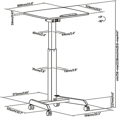 Maclean MC-892 in hoogte verstelbare laptoptafel met wielen zit-sta-bureau gasveer in hoogte verstelbaar tot max. 113 cm 30 graden kantelbaar belastbaar tot 8 kg (witte kleur)