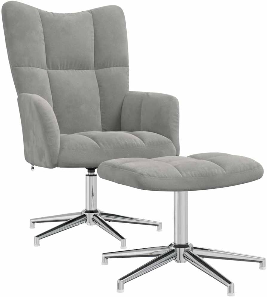 Relaxstoel Met Poef – Relaxstoel – Fauteuil – Tv-Stoel – Ligstoel – Lichtgrijs Fluweel – 360° Draaibaar – Stevig Stalen Frame