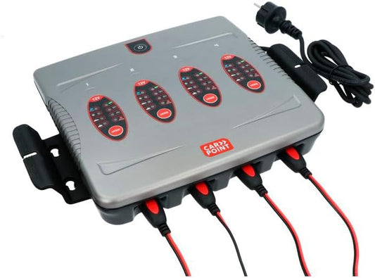 Acculader 12V – Batterijlader – Loodzuurlader – Accuoplader – Batterijoplader – Vier Accu’s Gelijktijdig Opladen – Volautomatische Vijfstaps Oplaadcyclus – IP64 Spatwaterbestendig