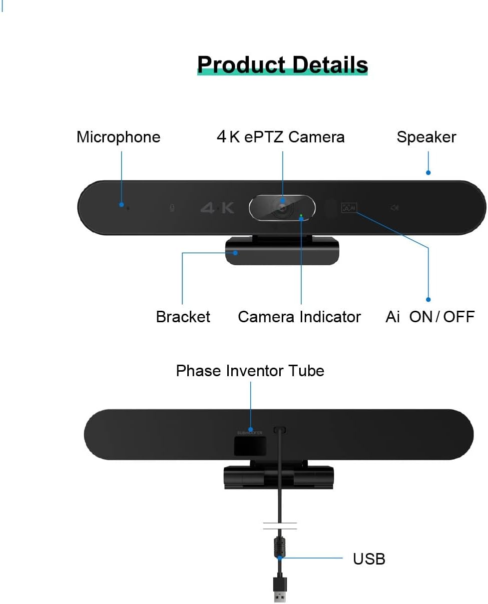 EagleBar Pro videoconferentiecamera 4K ePTZ AI Face Tracking met luidspreker en microfoon voor vergaderruimte of thuiskantoor, compatibel met Zoom/MS Teams of OBS-streaming