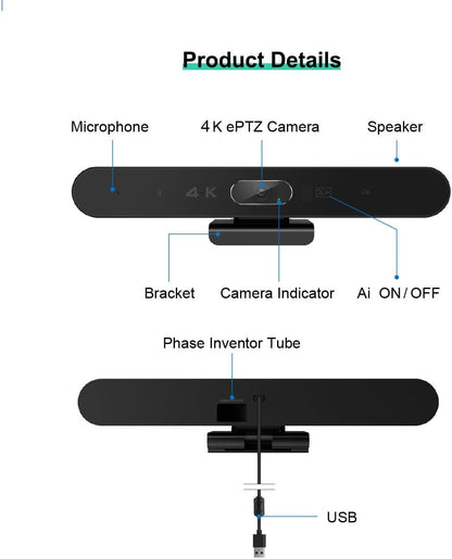EagleBar Pro videoconferentiecamera 4K ePTZ AI Face Tracking met luidspreker en microfoon voor vergaderruimte of thuiskantoor, compatibel met Zoom/MS Teams of OBS-streaming