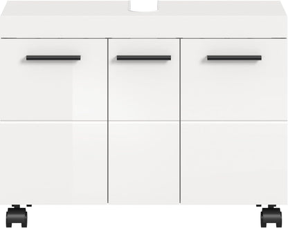 xonox.home – Wastafelonderkast Nova op wielen 80 x 58 x 30 cm in wit hoogglans – grote badkamerkast met 3 deuren, 3 planken en 6 vakken – veel opbergruimte op wielen, stijlvol en bijzonder