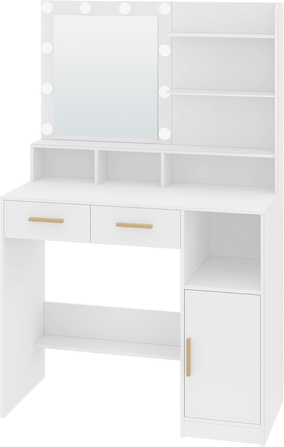 Hzuaneri Dressing Table with Mirror And 10 LED Lamps, Makeup Table with 3 Shelves and 4 Open Compartments, Dressing Table with 2 Drawers and Cabinet, 3 Adjustable Luminosities, WhiteDT32503X - QUORE