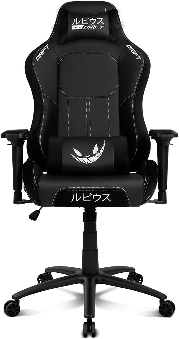 DRIFT GAMING Chair „elRubius” -DR250RU - Officiële elRubius gamingstoel, vlindermechanisme, liggende rug, kunstleer, suède afwerking, 4D-armleuningen, nek- en lendenkussen,74.5 x 129-138 x 56 cm (W x H x D) Zwart/Wit,Zwart/Wit
