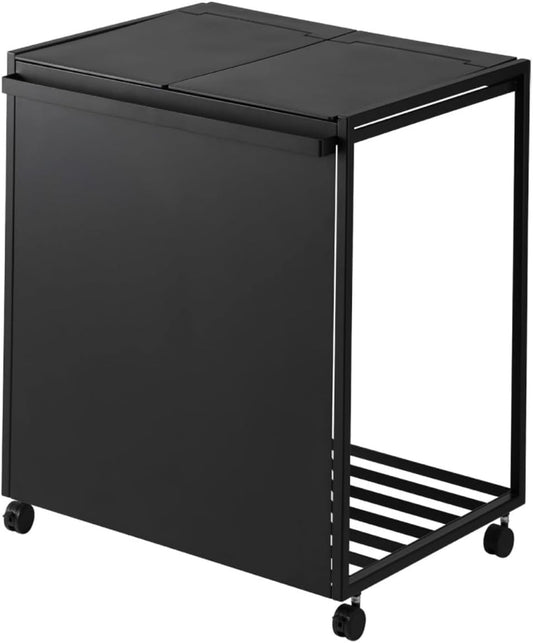 Yamazaki 1821 TOWER 2~Compartment Trash Can with Casters, black, Steel/Polypropylene/Nylon, 52 x 44 x 60 cm