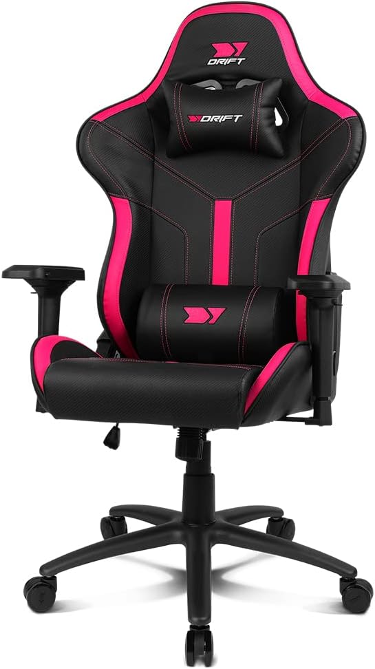 DRIFT Gaming Chair DR350 -DR350BP - Professionele Gaming Chair, kunstleder, 4D armleggers, geruisloze wielen, klasse 4 zuiger, kantelbaar, lende/cervicaal kussen, kleur zwart/roze