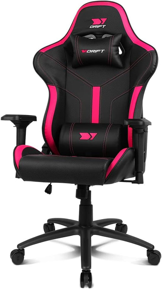 DRIFT Gaming Chair DR350 -DR350BP - Professionele Gaming Chair, kunstleder, 4D armleggers, geruisloze wielen, klasse 4 zuiger, kantelbaar, lende/cervicaal kussen, kleur zwart/roze