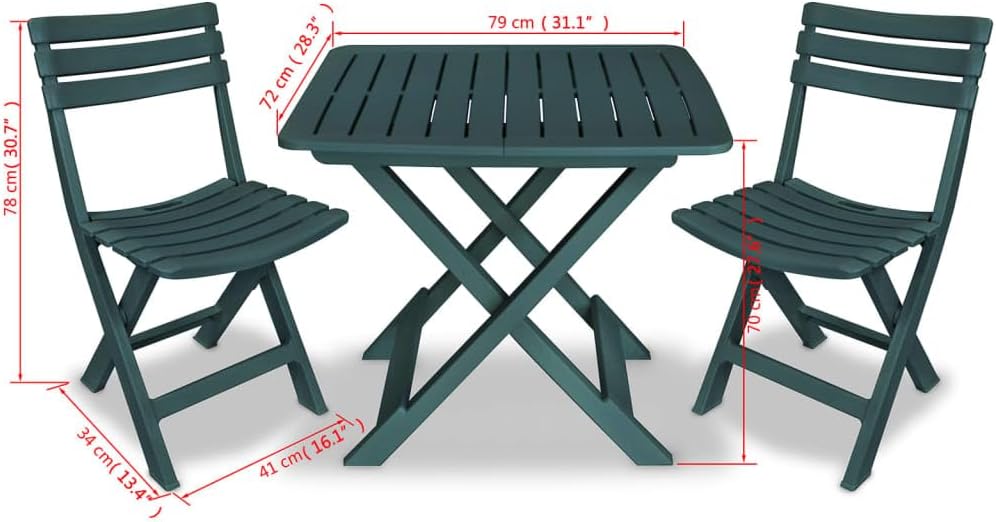 3-Piece Bistro Set Foldable Plastic Green Garden Furniture Set Bistro Set with Chairs and Table Balcony Furniture Set Outdoor Furniture Set for Patio, Garden, Balcony - QUORE
