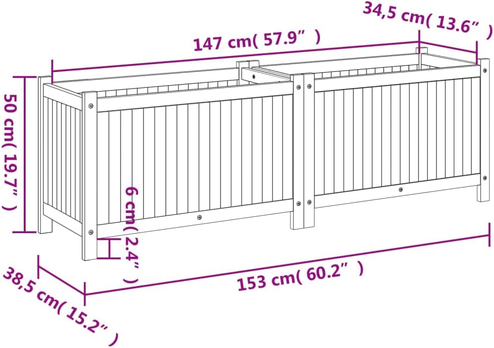 LAPOOH Tuinplantenbak met voering 153x38,5x50 cm massief hout acacia, tuinplantenbak, tuinplantenbak buiten, plantenbak-366442 - QUORE