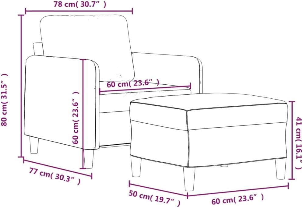Armchair with ottoman, blue, 60 cm, velvet upholstery, comfortable reclining chair and footstool with robust frame for living room, modern design, durable velour