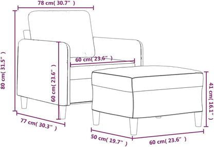 Armchair with ottoman, blue, 60 cm, velvet upholstery, comfortable reclining chair and footstool with robust frame for living room, modern design, durable velour