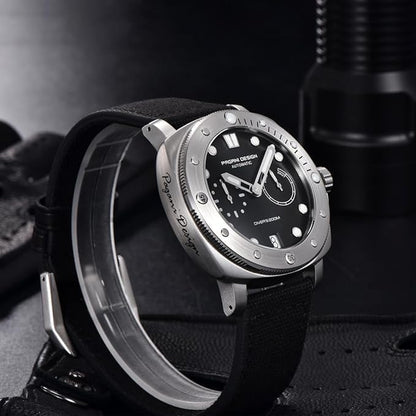 Pagani Design 1767 Automatisch herenhorloge, synthetische saffier-roestvrijstalen behuizing, 20 bar, waterdichte leren armband, casual herenhorloge