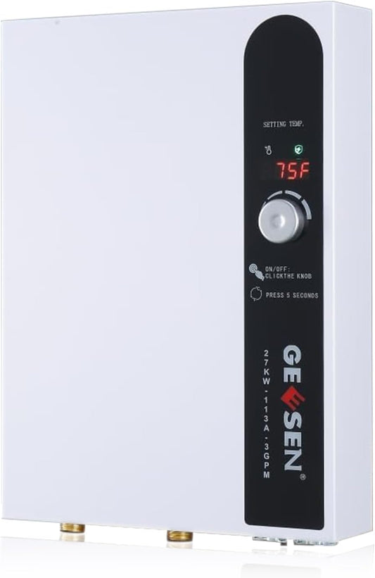 Tankloze elektrische doorstroomboiler, 27 kW, 240 V, eindeloos heet water op aanvraag, met digitale temperatuurweergave voor douches, 114 A, wit