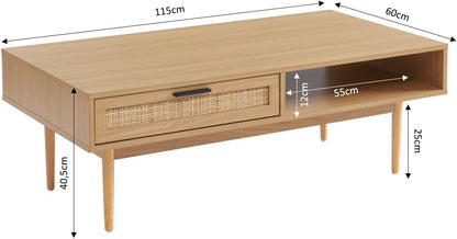 BAÏTA Salontafel Amana eiken look en rieten rotan 2 laden