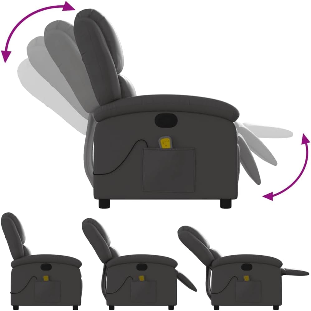 Massagestoel – Relaxstoel – TV-Stoel – Ligstoel – Enkele Stoel – Echt Leer – Handmatig Kantelsysteem – 6-Punts Vibratiemassage – Stijlvol Grijs