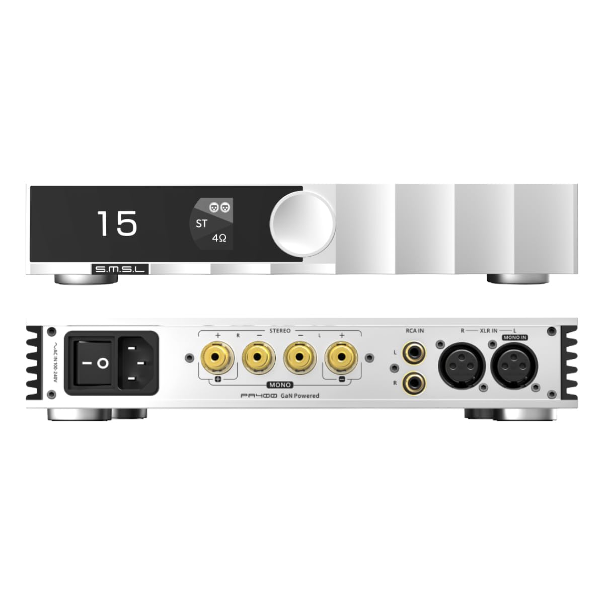 SMSL PA400 GaN HiFi-versterker, 250 W stereo klasse D eindversterker, XLR-symmetrische, RCA, XLR-mono-ingang, galliumnitride-versterker voor thuisaudio en desktop