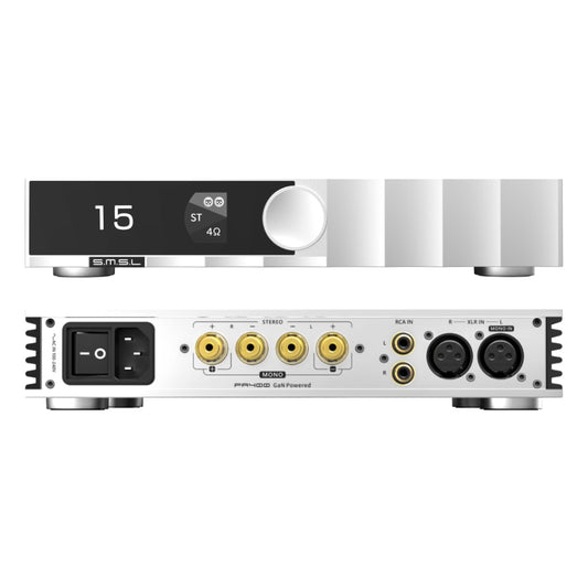 SMSL PA400 GaN HiFi-versterker, 250 W stereo klasse D eindversterker, XLR-symmetrische, RCA, XLR-mono-ingang, galliumnitride-versterker voor thuisaudio en desktop