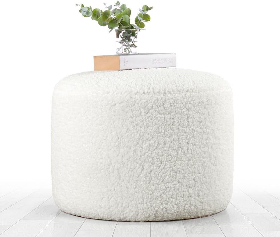Moderne witte poef, 39 cm hoogte x 54 cm diepte, 100% kunstbont, 10 cm orthopedische spons, PVC gecoate verborgen legs, stijlvol Scandinavisch design