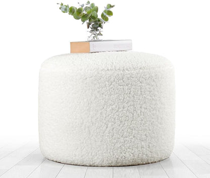 Moderne witte poef, 39 cm hoogte x 54 cm diepte, 100% kunstbont, 10 cm orthopedische spons, PVC gecoate verborgen legs, stijlvol Scandinavisch design