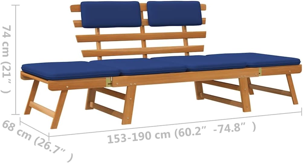 vidaXL Garden bench with cushions 2-in-1 190 cm solid acacia wood