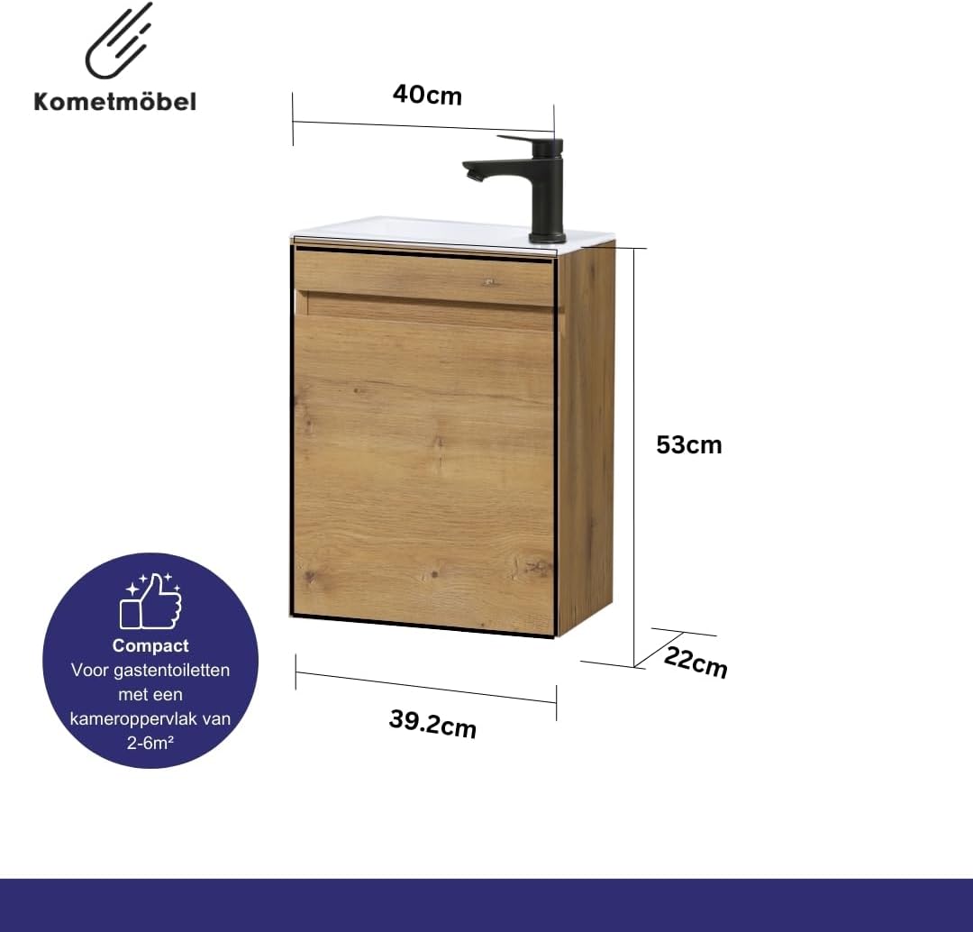 Gasten-wc wastafel set badkamermeubel, voorgemonteerd, kleine wastafel met onderkast (Eik 40cm, Zonder kraan)