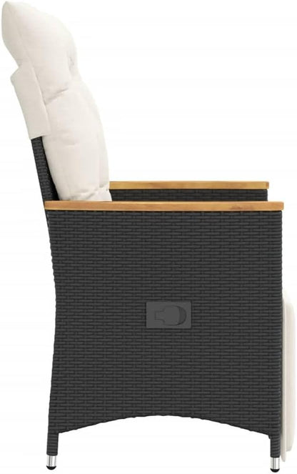 Loungestoel – Tuinstoel – Loungefauteuil – Buitenstoel – Terrasstoel – Verstelbare Rugleuning – Weerbestendig Poly Rattan Zwart met Crème Kussens