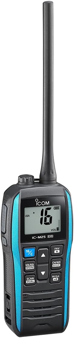 Icom M25EVO Blue Marine VHF Radio | Drijvend | Waterdicht | USB Opladen | Lichtgewicht | Lange levensduur van de batterij | Boating Essentials
