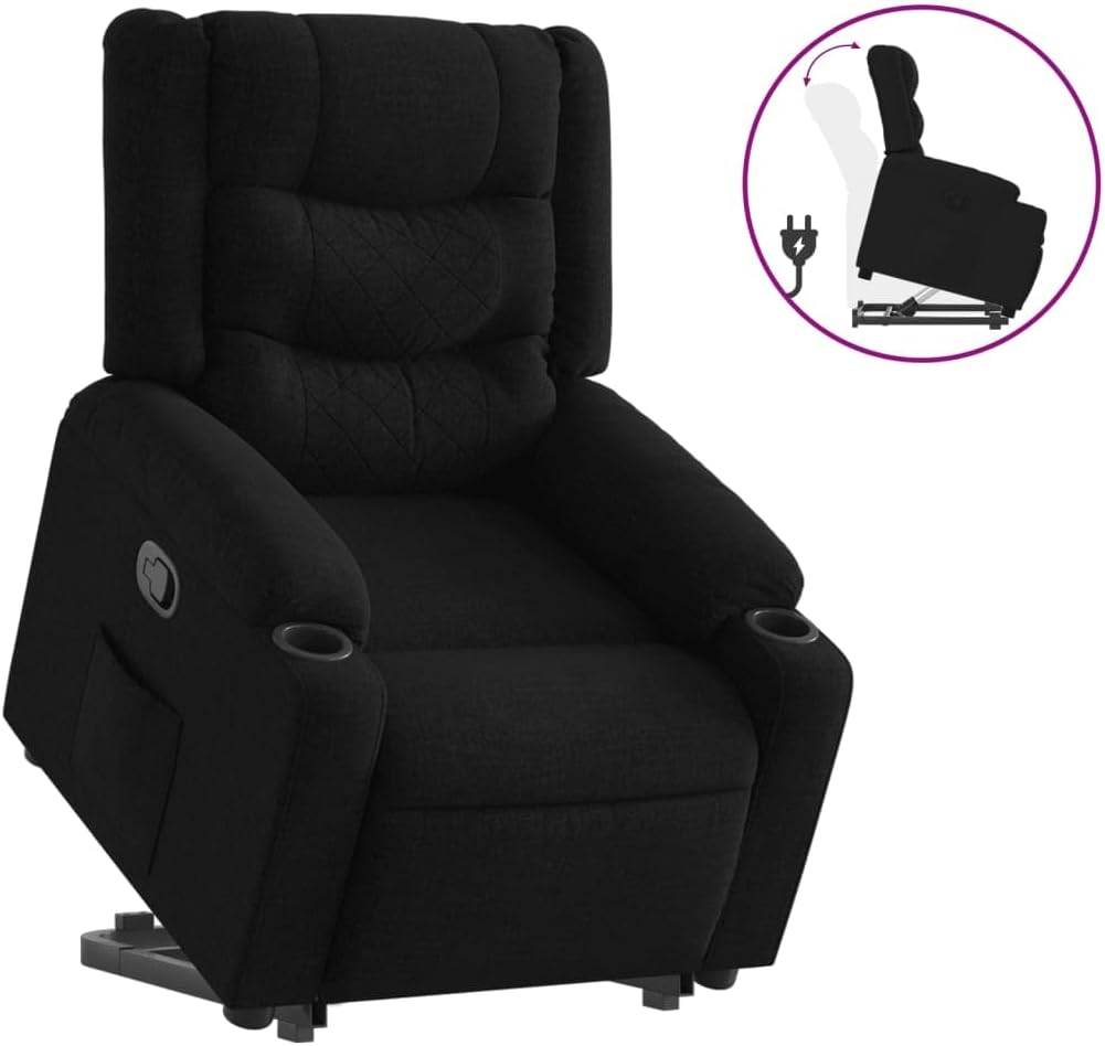 Relaxstoel Met Opstahulp – Zwarte Stoffen Tv-Stoel – Ligstoel – Relaxfauteuil – Enkel Ligstoel – Elektrische Opstahulp – Handmatig Kantelsysteem