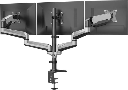 HUANUO Drievoudige Monitor Standaard voor 13-32 Inch Gebogen Flatscreens, In Hoogte Verstelbare Monitorarm met Kolom, Full Motion Gasveer Monitorsteun, Gewichtscapaciteit 8kg Per Arm