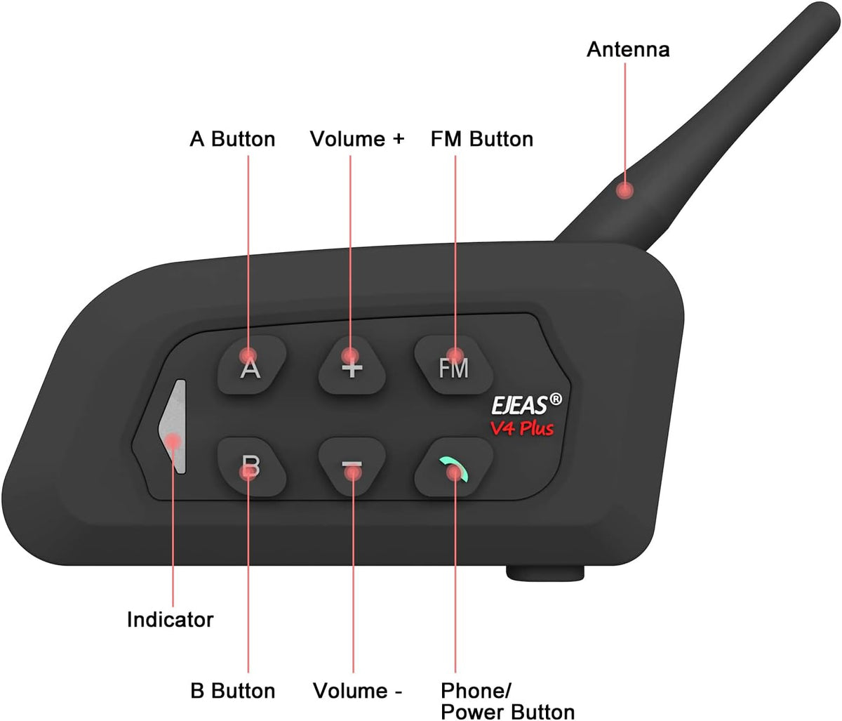 EJEAS V4C Bluetooth Intercom Headset, Waterproof Communication System for 4 People, 1500 m Range, Motorcycle Helmet, Intercom System, Compatible with EUC Remote Control, USB-C (2 Pack)