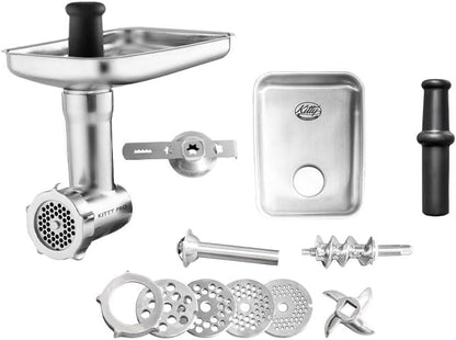 Kitty Professional vleesmolen “Shredder Pro 2.0” roestvrij staal incl. geperforeerde schijven, mes, worsthoorn, deeghulpstuk compatibel met Kitchen Aid, ideaal voor vlees en groenten