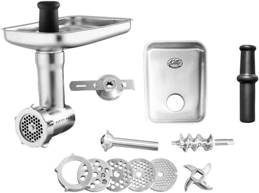 Kitty Professional vleesmolen “Shredder Pro 2.0” roestvrij staal incl. geperforeerde schijven, mes, worsthoorn, deeghulpstuk compatibel met Kitchen Aid, ideaal voor vlees en groenten