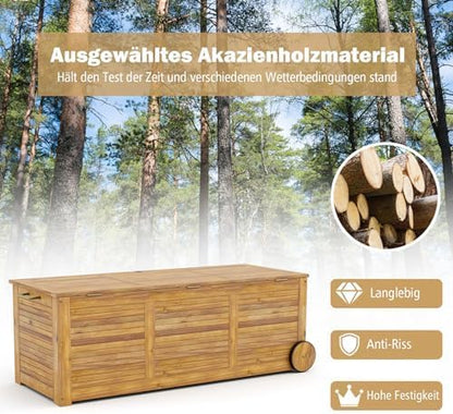 FANTASK Houten tuinbox, opbergbox met wieltjes, opbergdoos met waterdichte 2-in-1 afdekking en handvat, naturel