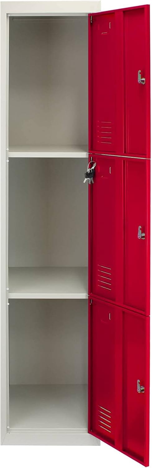 Monster Shop 3 x Red 3 Door Metal Storage Lockers, Blue & Grey Steel Lockable Unit, Gym Dressing Room School Staff Locker - QUORE