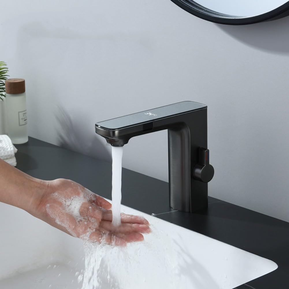Smart Sensor Wastafelkraan, Badkamer Wastafel Sensor Kranen Digitaal Display Screen Warm Koud Water Mengkraan, Touchless Automatische Kraan 1/2" (Chroom)