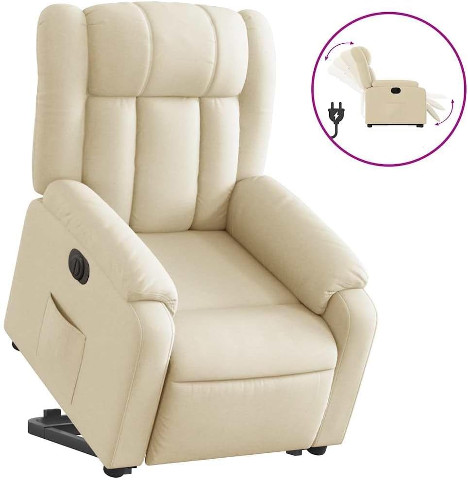 Relaxstoel Met Opstahulp – Elektrische Relaxstoel – Tv-Stoel Met Ligfunctie – Enkele Ligstoel – Relaxstoel Voor Woonkamer – Crèmestof Bekleding – Elektrisch Kantelsysteem – Max 135° Ligfunctie