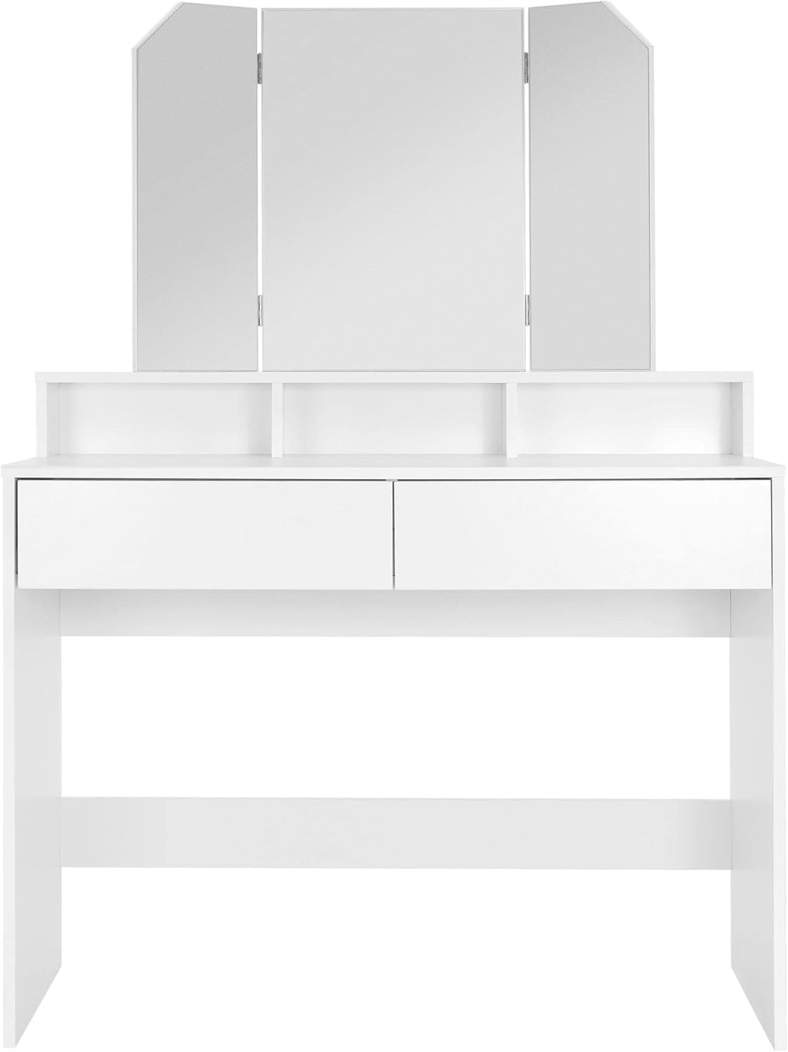 ML-Design Makeup Table with Folding Mirror and Stool, 100 x 40 x 140 cm, Modern White, with 2 Drawers, 3 Open Compartments, Dressing Table, Wooden Pane, Bedroom - QUORE