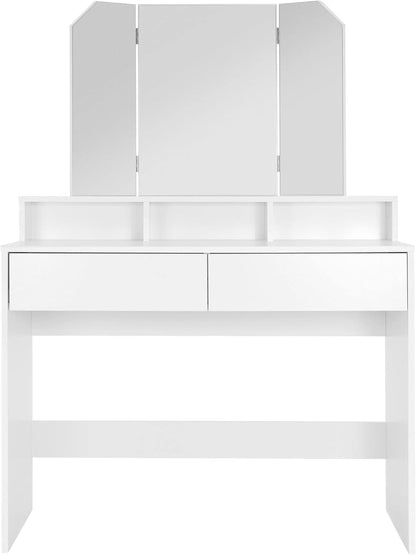 ML-Design Makeup Table with Folding Mirror and Stool, 100 x 40 x 140 cm, Modern White, with 2 Drawers, 3 Open Compartments, Dressing Table, Wooden Pane, Bedroom - QUORE
