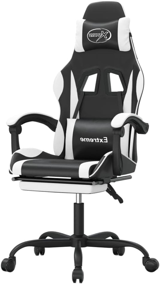 Gamingstoel – Gamestoel – Gaming Chair – Bureaustoel – Game Stoel – Draaibaar Met Voetensteun – Kunstleer Zwart/Wit – Verstelbare Rugleuning 135° – Comfortabel Schuimzitting